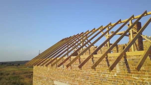 Aerial View Unfinished Brick House Wooden Roof Structure Construction — Stock Video