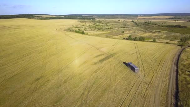 Vue aérienne d'un camion conduisant sur un chemin de terre entre des champs labourés faisant beaucoup de poussière .