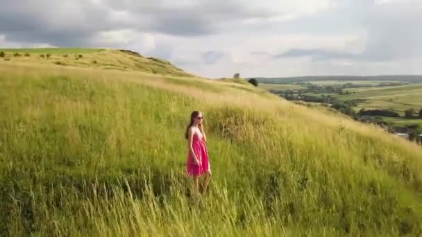 Mujer Yong Con Pelo Largo Vestido Rojo Caminando Campo Verano — Vídeos de Stock