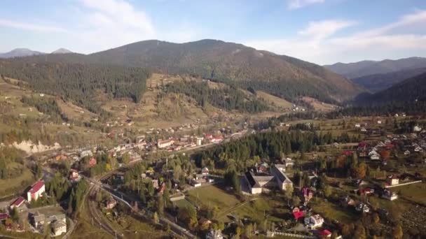Letecký Pohled Podzimní Horskou Krajinu Věčně Zelenými Borovicemi Žlutým Podzimním — Stock video