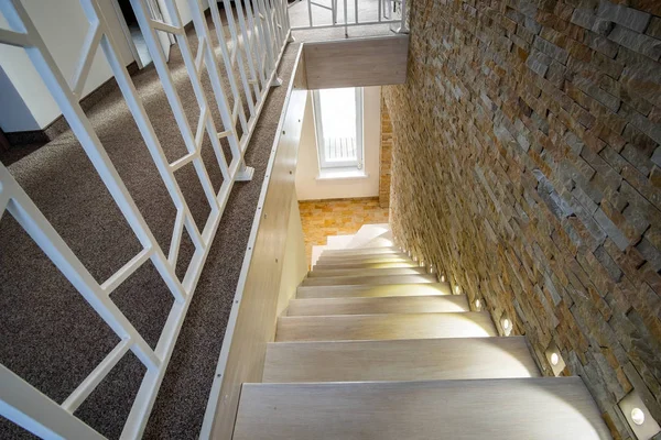 Stylish wooden contemporary staircase inside loft house interior — 스톡 사진