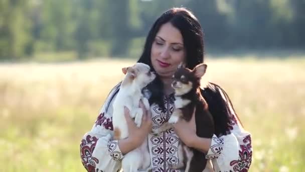 Een Vrouw Met Twee Kleine Honden Haar Armen Buiten — Stockvideo