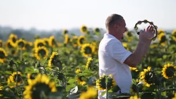 Homem Dançarino Feliz Tocando Pandeiro Dançando Energeticamente Campo Verão Verde — Vídeo de Stock