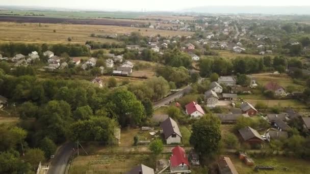 Aerial Landscape Small Town Village Rows Residential Homes Green Trees — Stock Video