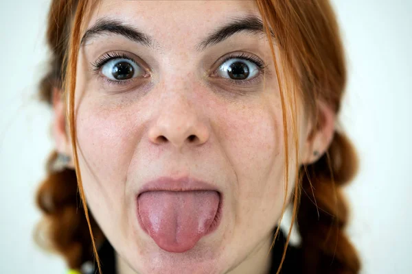 Closeup Portrait Funny Redhead Teenage Girl Childish Hairstyle Sticking Out — Stock Photo, Image