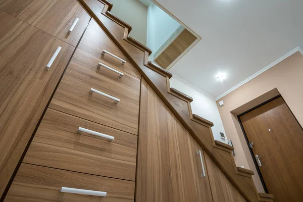 Modern Architecture Interior Luxury Hallway Glossy Wooden Stairs Multi Storey — Stock Photo, Image