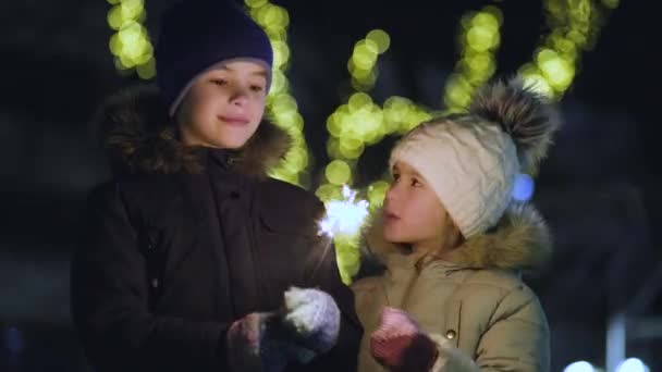 暖かい冬の服を着た男の子と女の子の2人のかわいい子供たちは 暗い夜に屋外のボケを背景に燃える輝きの花火を開催します 新年とクリスマスのお祝いのコンセプト — ストック動画