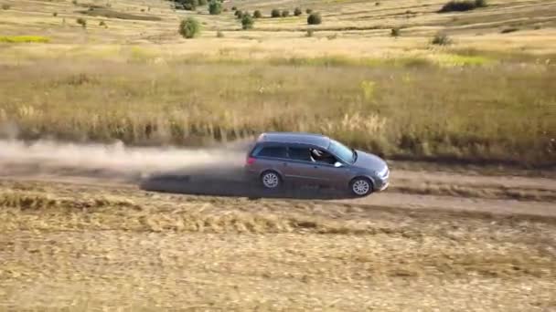 Top Aerial View Fast Driving Car Dirt Road Leaving Cloud — Stock Video