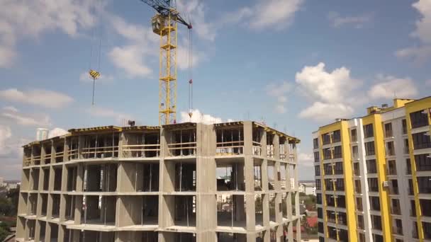 Aerial View Concrete Frame Tall Apartment Building Construction City — Stock Video