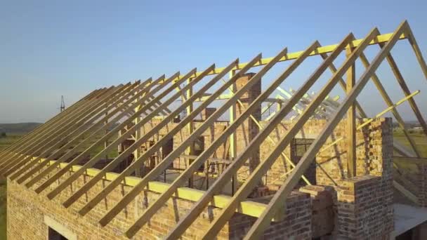 Aerial View Unfinished Brick House Wooden Roof Structure Construction — Stock Video