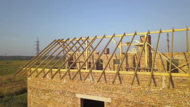 Aerial View Unfinished Brick House Wooden Roof Structure Construction — Stock Video