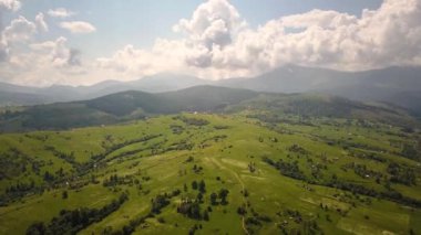 Yeşil tepelerin ve Karpat dağlarının havadan görünüşü yaz güneşli günlerinde çam ormanlarıyla kaplıdır..