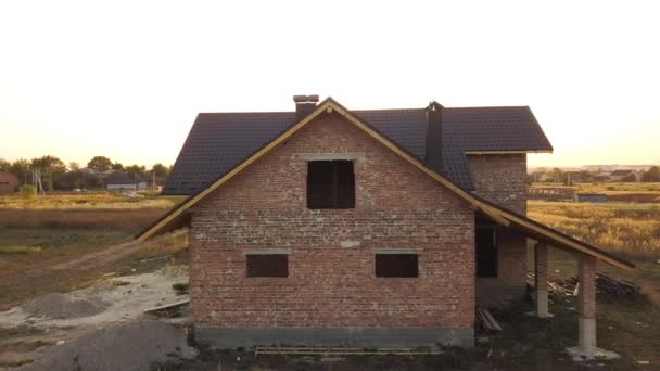 Aerial View Unfinished House Wooden Roof Structure Covered Metal Tile — Stock Video