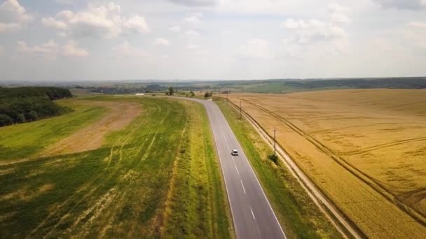 Flygfoto Väg Med Rörliga Bilar Mellan Gula Jordbruk Vetefält Redo — Stockvideo