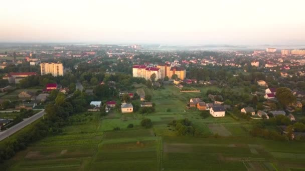 Luchtfoto Van Landelijke Woonwijk Met Particuliere Woningen Tussen Groene Velden — Stockvideo