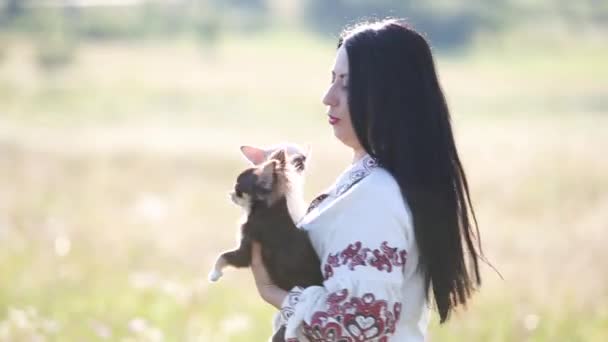 Een Vrouw Met Twee Kleine Honden Haar Armen Buiten — Stockvideo