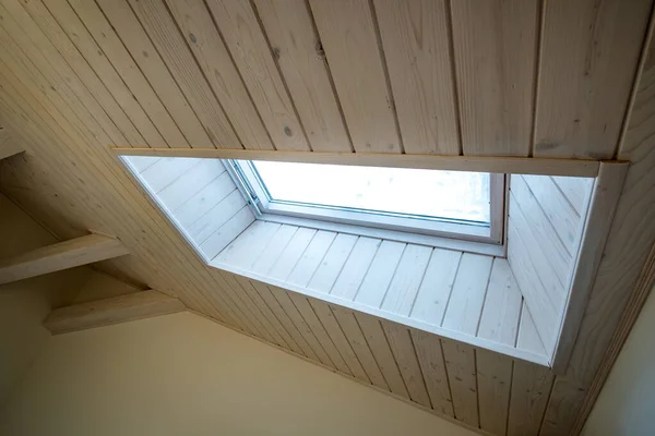 Wooden Ceiling Contemporary Mansard Room Attic Window Decorative Planks Surface — 스톡 사진