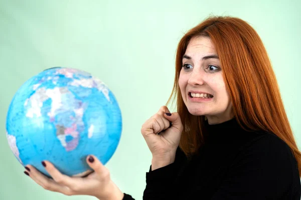 Portrait Sad Worried Young Woman Holding Geographic Globe World Her Stock Photo