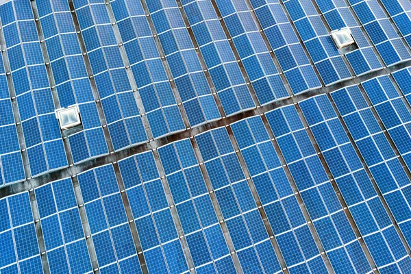 Aerial View Many Photo Voltaic Solar Panels Mounted Industrial Building — Stock Photo, Image