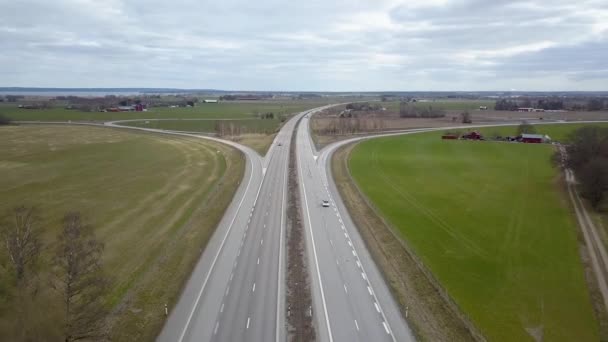 Top Aerial View Highway Intersection Moving Traffic Cars — Stock Video