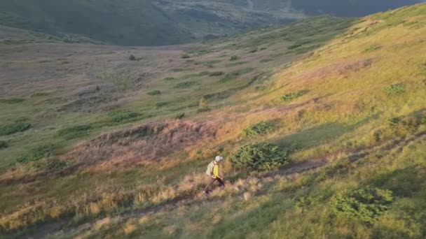 Turysta Plecakiem Biegnącym Ścieżką Górską Karpatach Człowiek Turysta Jogging Skalistym — Wideo stockowe