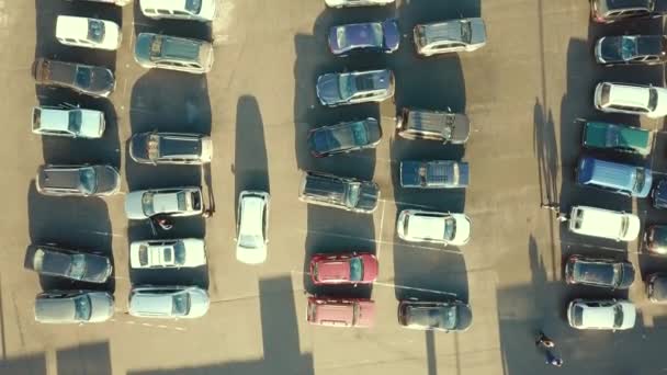 Luftaufnahme Vieler Autos Auf Dem Parkplatz Eines Supermarktes Oder Autohändlermarktes — Stockvideo
