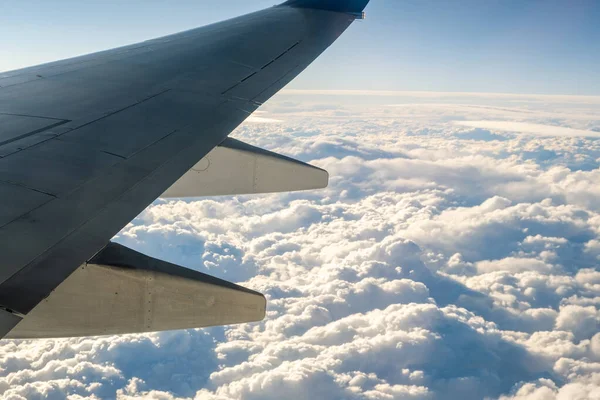 View from airplane on the aircraft white wing flying over cloudy landscape in sunny morning. Air travel and transportation concept.