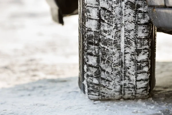 Close Car Wheels Rubber Tire Deep Snow Transportation Safety Concept — Stock Photo, Image