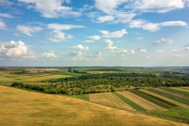 Sarı yamalı tarım arazileri ve beyaz bulutlu mavi gökyüzü olan havadan kırsal alan..