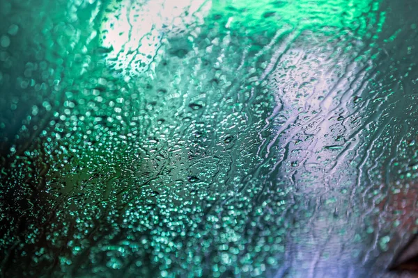 Abstract Colorful Background Glass Surface Water Drops Blurred City Lights — Stock Photo, Image