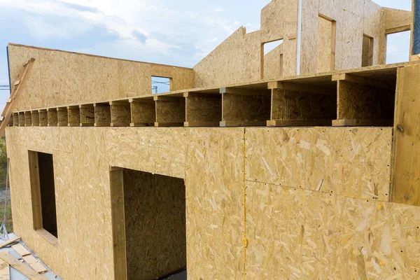 Будівництво Нового Сучасного Модульного Будинку Стіни Композитних Дерев Яних Панелей — стокове фото