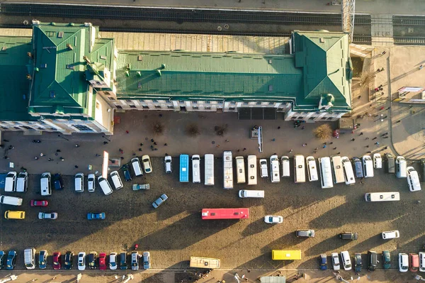 Aerial View Many Cars Buses Moving Busy City Street Front — Stock Photo, Image