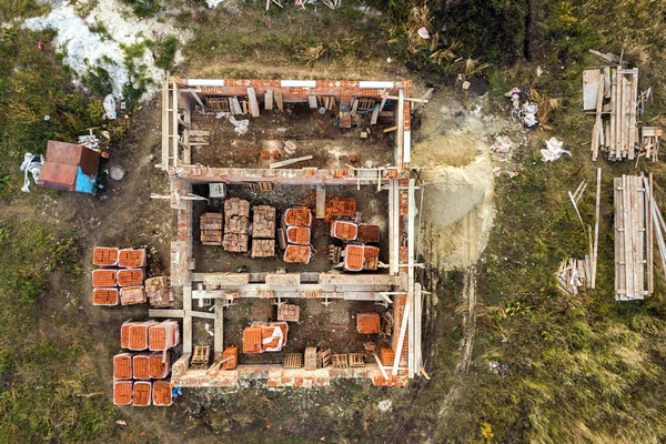 Vista Aérea Local Construção Para Futura Casa Tijolos Piso Fundação — Fotografia de Stock