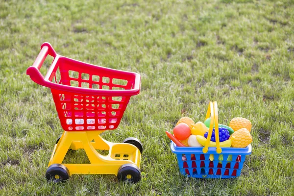 Wózek Zakupy Koszyk Owocami Warzywami Jasne Plastikowe Kolorowe Zabawki Dla — Zdjęcie stockowe