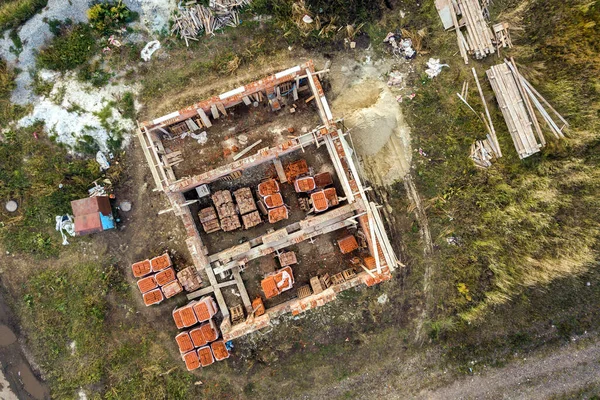 Vista Aérea Local Construção Para Futura Casa Tijolos Piso Fundação — Fotografia de Stock