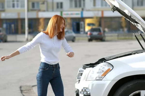 Young Funny Smiling Woman Driver Broken Car Popped Hood Having — Stock Photo, Image