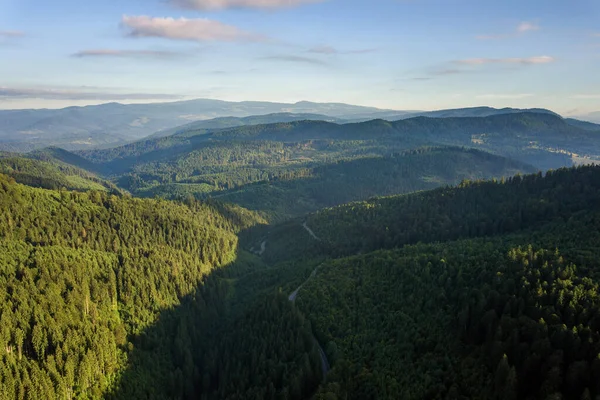 Aerial View Winding Road High Mountain Pass Trough Dense Green — Stock Photo, Image