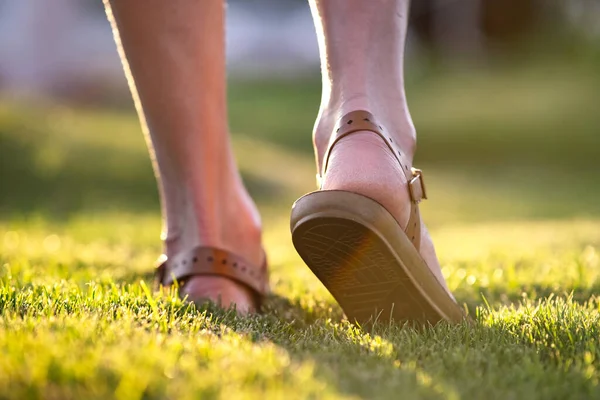 Primer Plano Los Pies Mujer Sandalias Verano Zapatos Caminando Césped — Foto de Stock