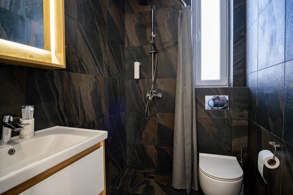 Interior Modern Stylish Bathroom Black Tiled Walls Curtain Shower Place — Stock Photo, Image