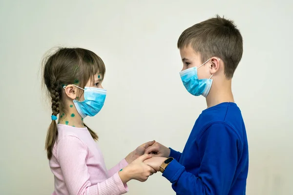 Boy Girl Wearing Blue Protective Medical Mask Ill Chickenpox Measles — Stock Photo, Image