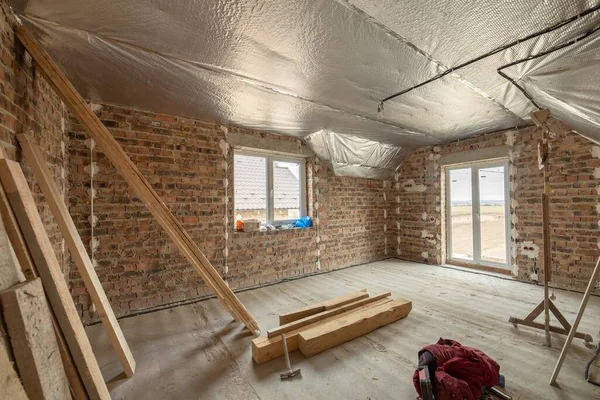 Intérieur Maison Brique Inachevée Avec Sol Béton Murs Nus Prêts — Photo