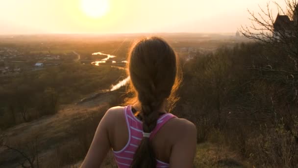 Young Woman Standing Her Car Enjoying Warm Sunset View Girl — Stock Video