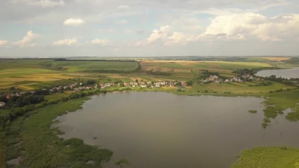 Vista Aérea Lago Rodeado Campos Agrícolas Amarillos Pequeñas Casas Pueblo — Vídeo de stock