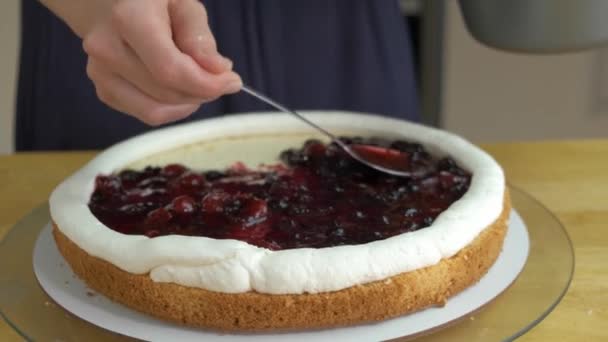 Close Woman Hands Making Sweet Cherry Cake White Cream Biscuit — Stock Video