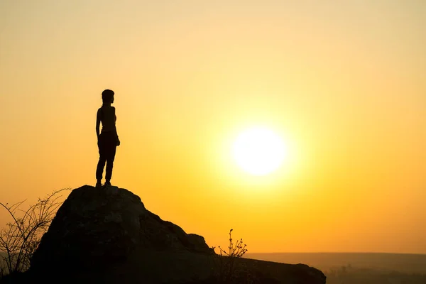 Silhouette Woman Hiker Standing Alone Big Stone Sunset Mountains Female — Stock Photo, Image
