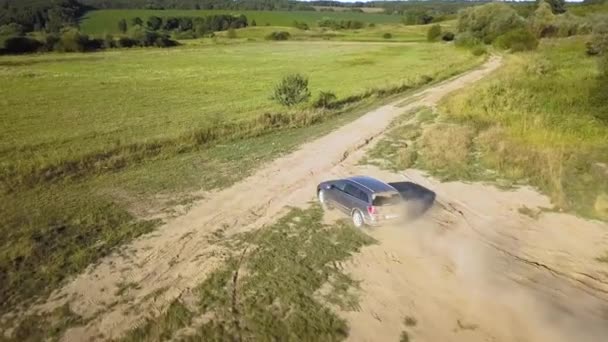 Top Aerial View Fast Driving Car Dirt Road Leaving Cloud — Stock Video