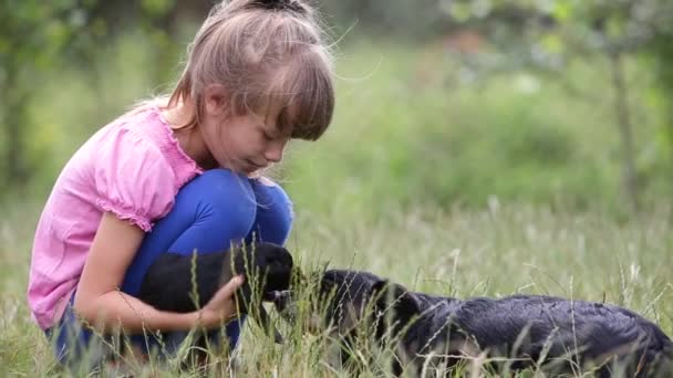 Όμορφο Κορίτσι Παιδί Παίζει Μικρό Κουτάβι Εξωτερικούς Χώρους Καλοκαίρι — Αρχείο Βίντεο