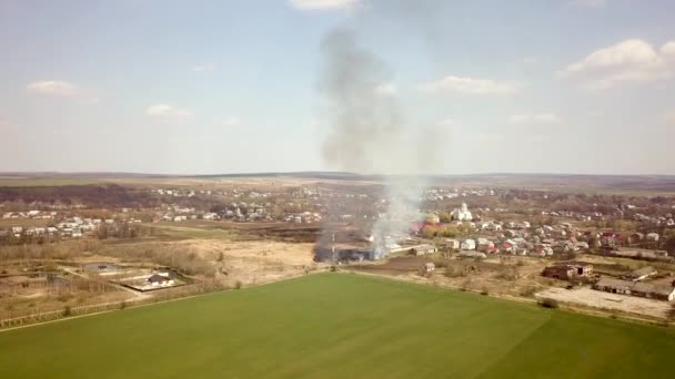 Widok Powietrza Pole Suchą Trawą Podpaloną Pomarańczowymi Płomieniami Wysokim Słupem — Wideo stockowe