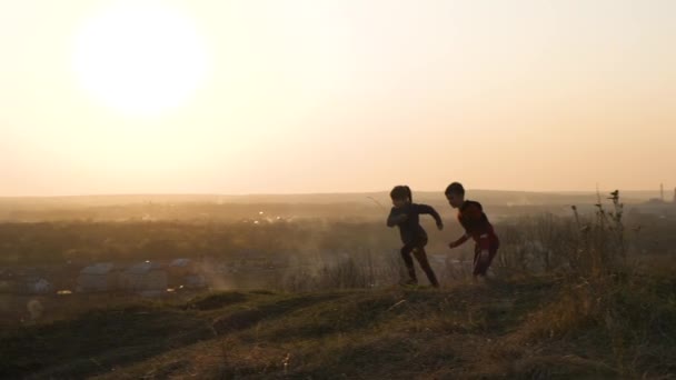 Due Bambini Ragazzo Ragazza Correre Insieme All Aperto Campo Estivo — Video Stock