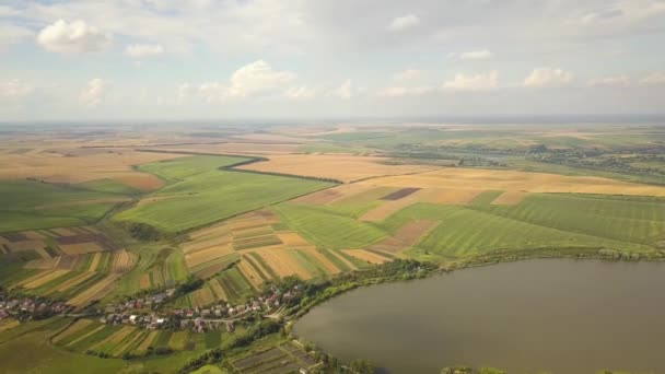秋の農村部の黄色の農地や小さな村の家に囲まれた湖の空中ビュー — ストック動画
